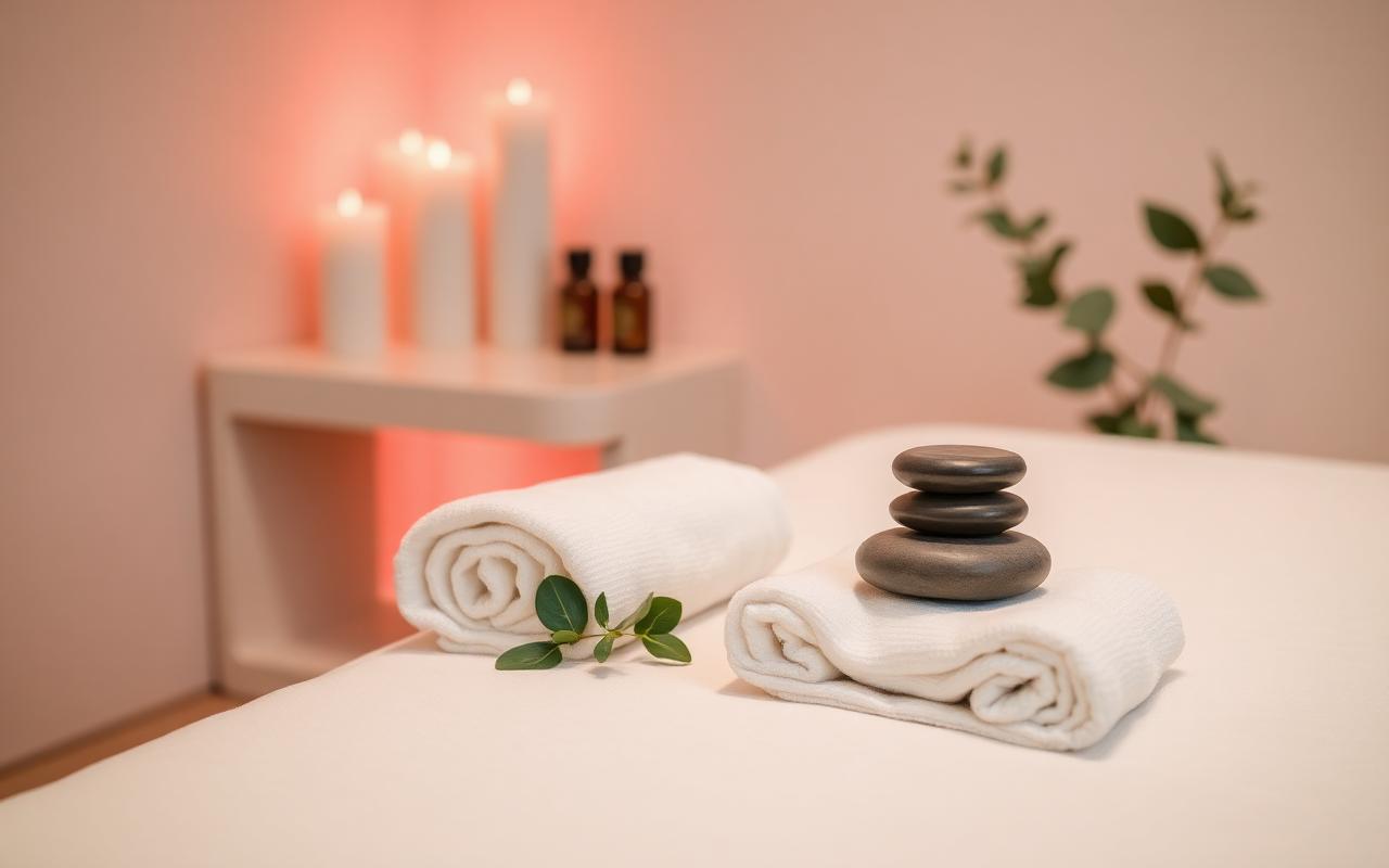 Table de massage spa avec serviettes blanches roulées, pierres chaudes et bougies dans une ambiance rose pastel