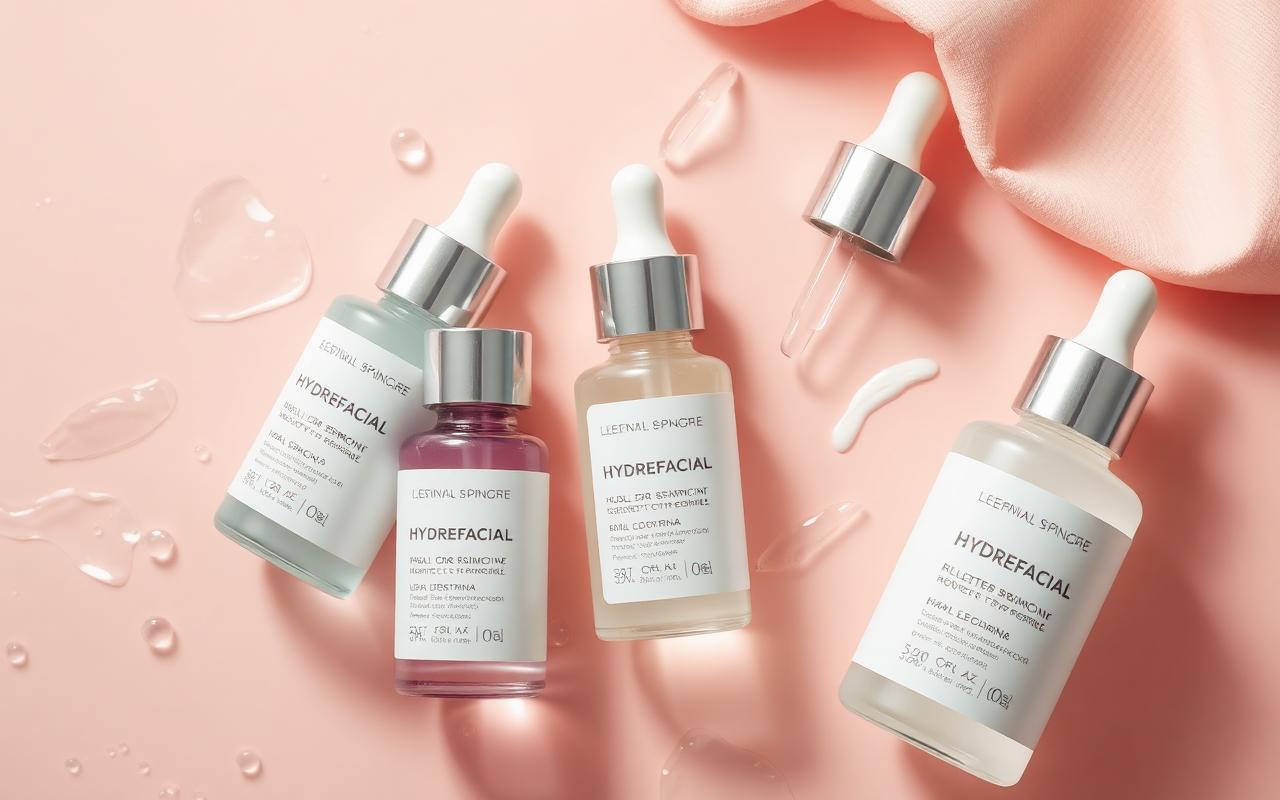 Sérums Hydrafacial sur fond rose pastel avec gouttes d'eau et drappé pêche